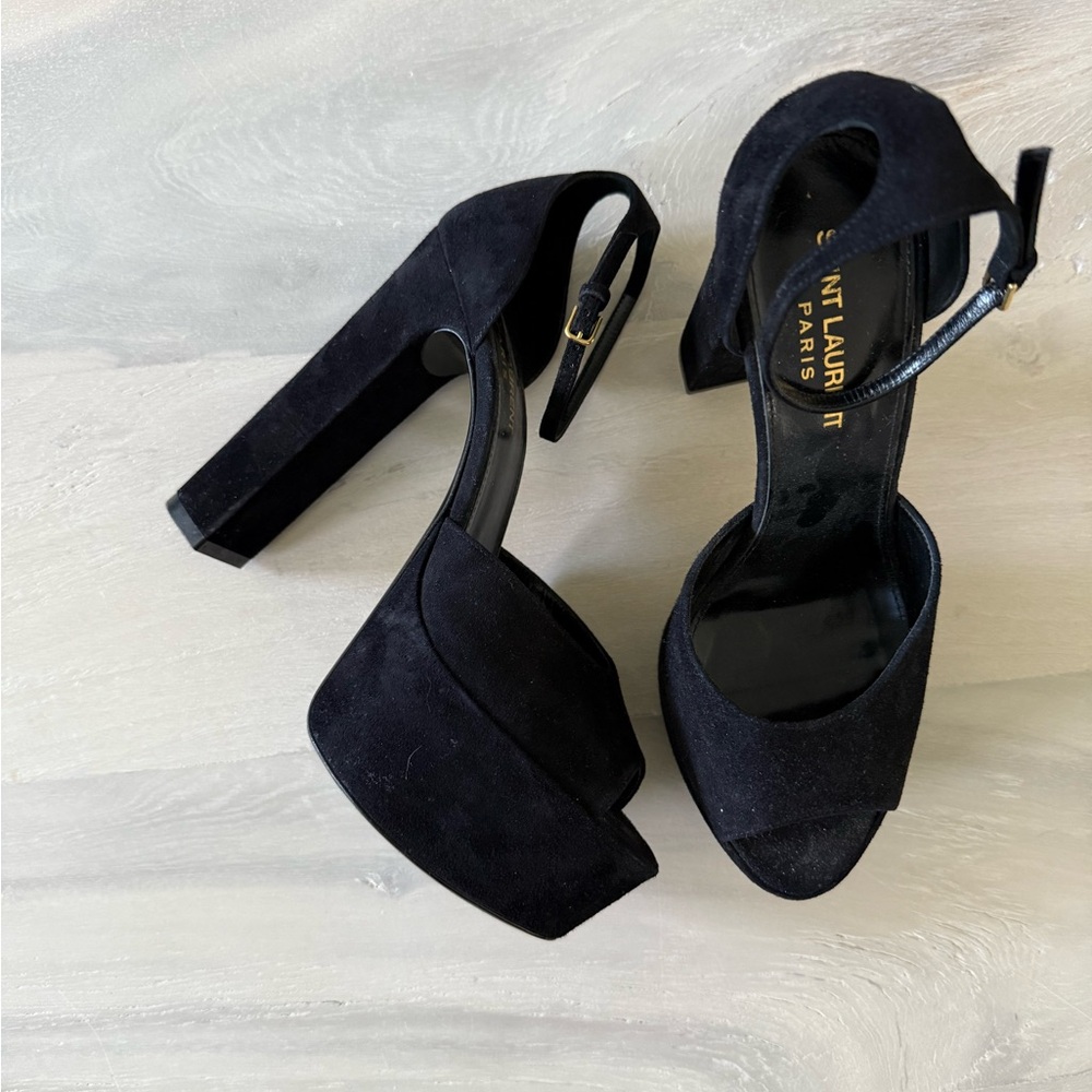 YSL Saint Laurent Jodie Platform Sandal in Black Suede Sz 38 1/2 38.5